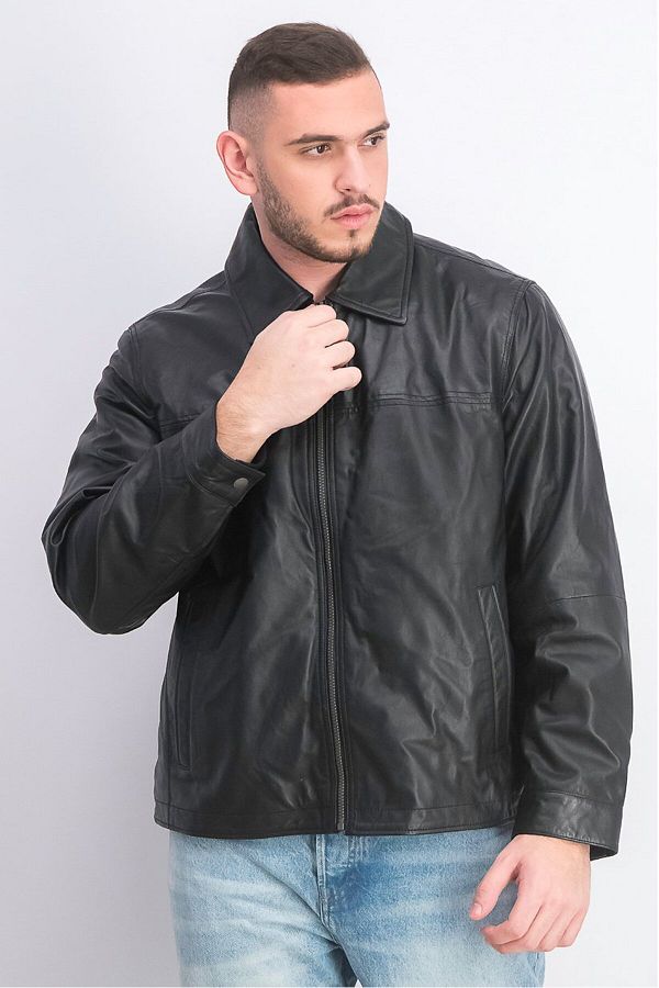 Perry Ellis Men Spread Collar Plain Classic Leather Jacket Black Trendyol