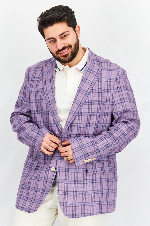 Tallia-Men Slim Fit Plaid Casual Blazer, Purple 1