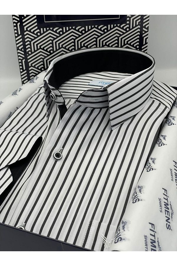 Fitmens Classic Long Sleeve Thick Striped Men s Shirt with Gift Box White Black Trendyol