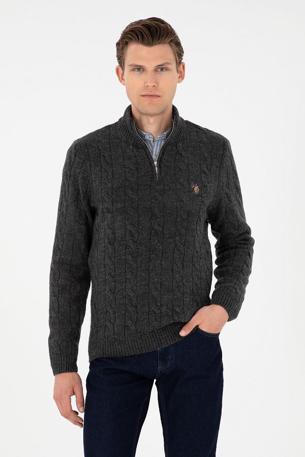 U.S. Polo Assn.-بلوفر رجالي ذو قصة عادية بلون أنثراسايت ميلانج - نصف سحاب 50293140 -vr081 1