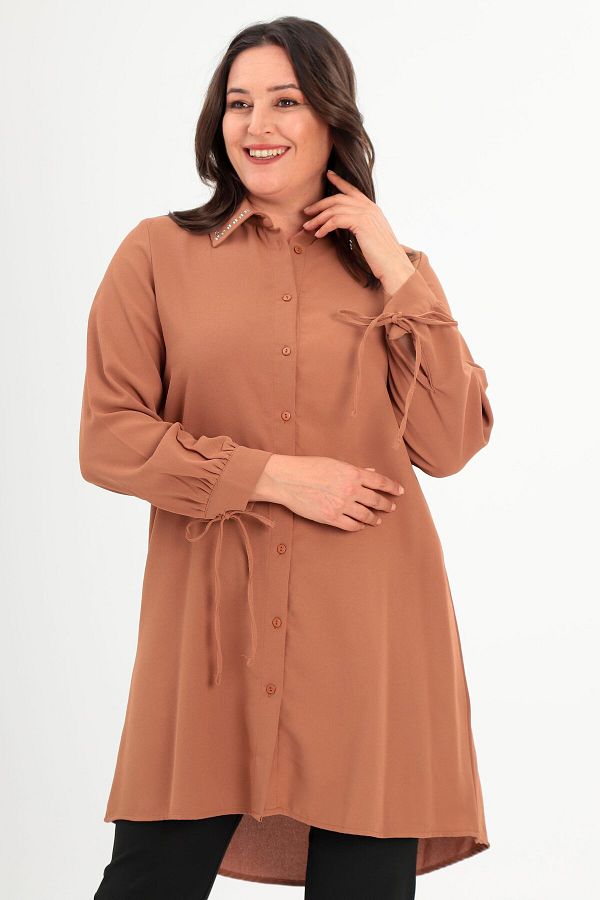 Metpoint-Trend42Plus Plus Size Camel Tunic with Baguette Collar and Stone 1