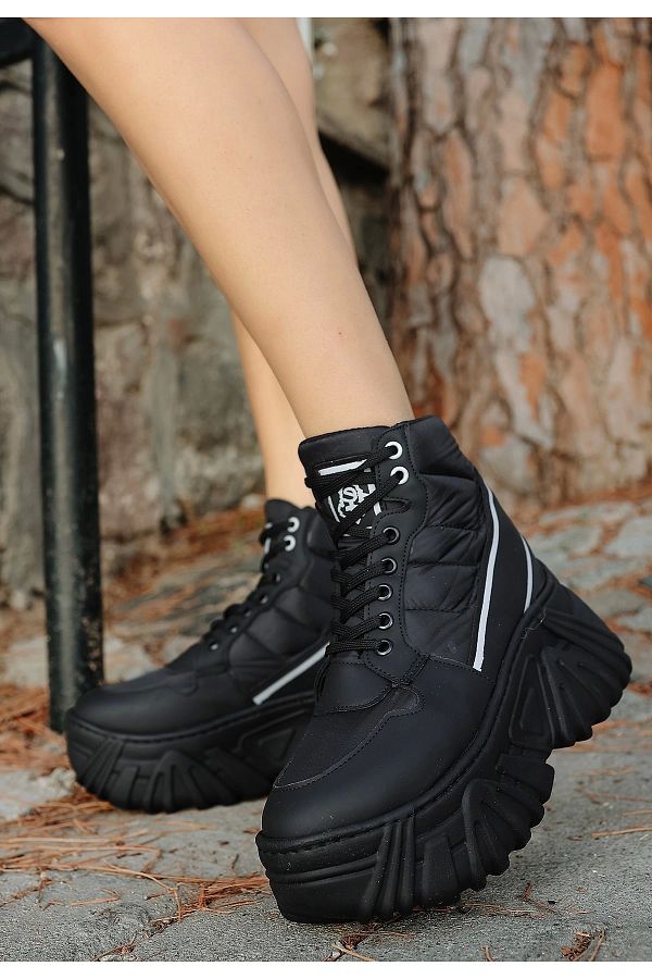 KAZAX Maje Black Leather Gray Detailed Lace up Wedge Sole Boots Trendyol