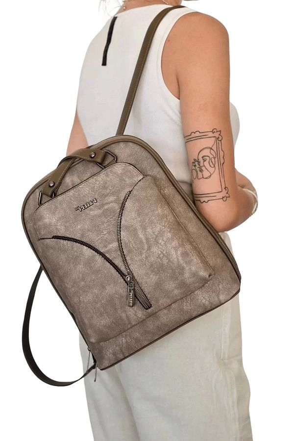 By Pellini-Rucsac de damă din piele bej închis 1
