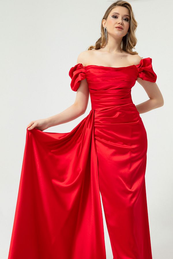 Lafaba-Women's Red Boat Neck Trained Long Satin Evening Dress & Graduation Dress 1