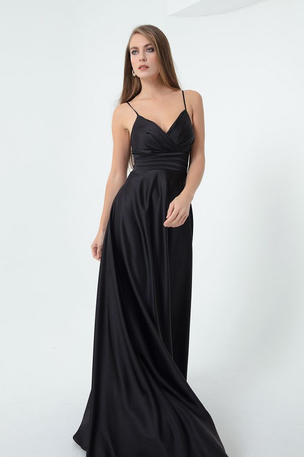 Lafaba-Rochie de seară lungă din satin cu curele de frânghie neagră, cu centură în talie și rochie de absolvire 1
