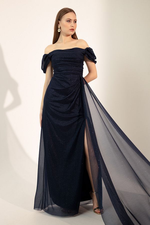 Lafaba-Damen-Abendkleid in Marineblau mit U-Boot-Ausschnitt, drapiertem Schlitz, langes Glitzer-Abendkleid 1