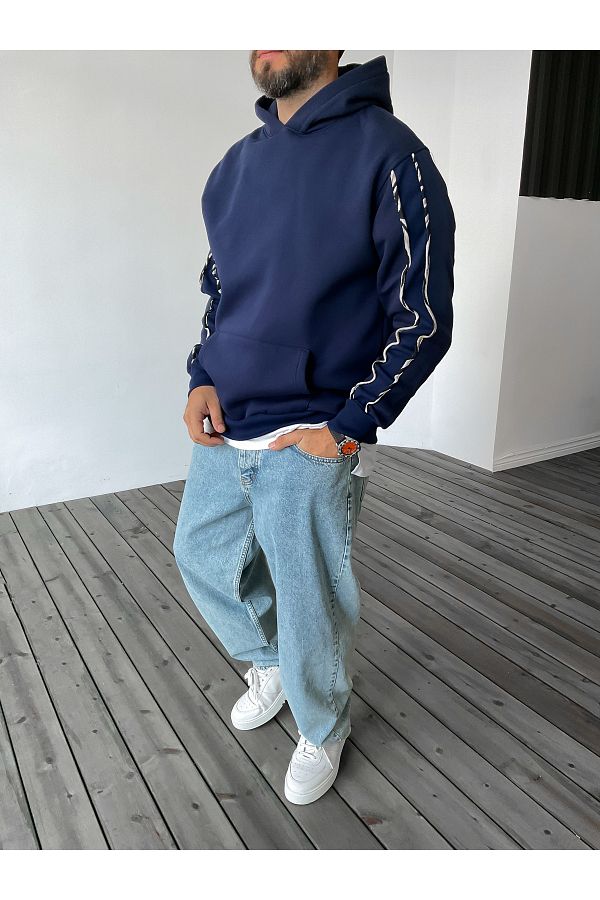 BYBASICMAN-Hooded Navy Blue Stripe Patterned Sweat - Bla-646 1