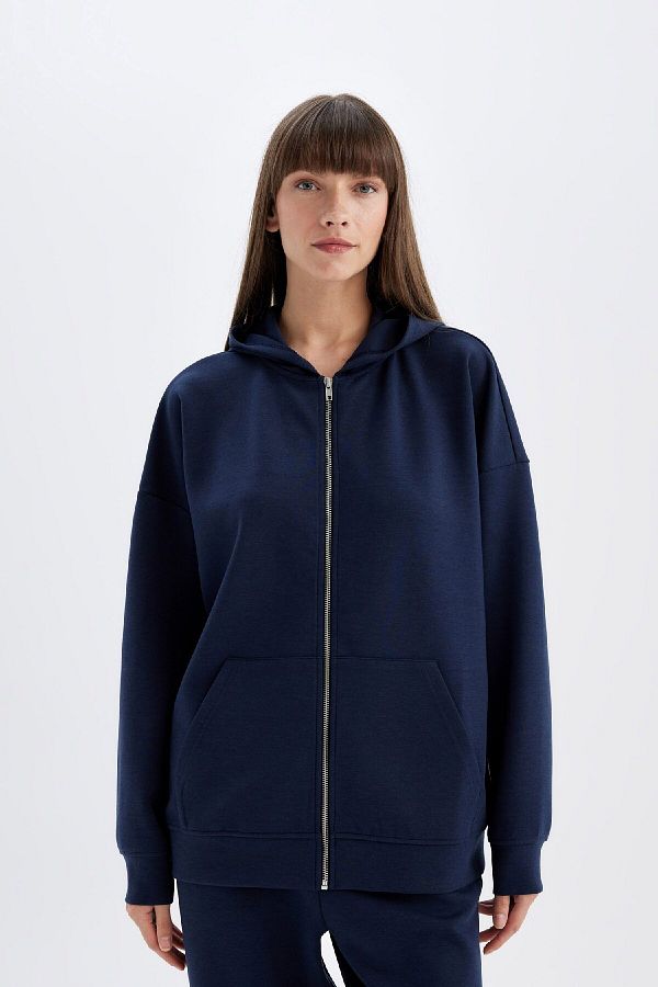 Defacto Oversize Hooded Basic Skuba Diver Fabric Zippered Sweatshirt Cardigan with Pockets C6 Trendyol