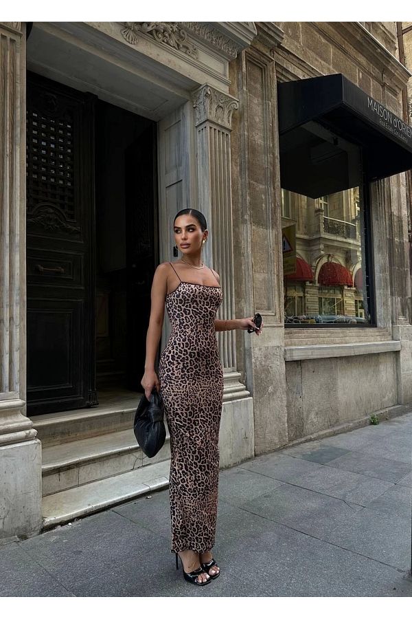 Bak Moda Long Leopard Print Lace Detailed Thin Strap Dress Trendyol