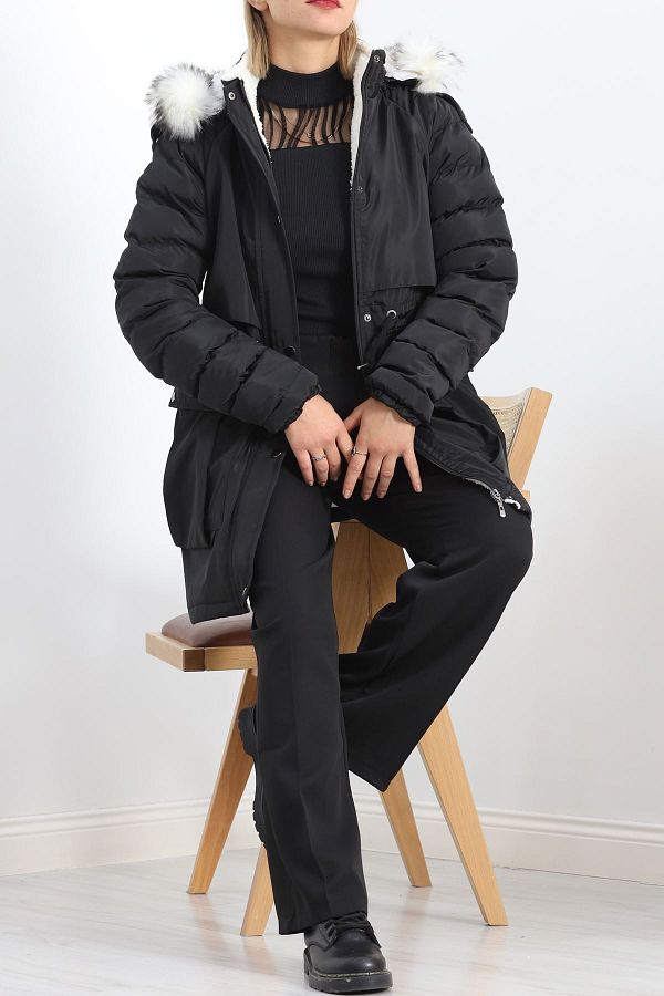 Hakub Black Coat Double Pocket and Fur Inside 8131.1316 Trendyol