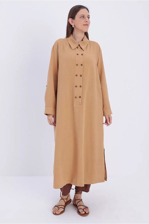Moda Rosa-24Y4393 - CAMEL - Plus Size Double Buttoned Linen Full Length Tunic 1