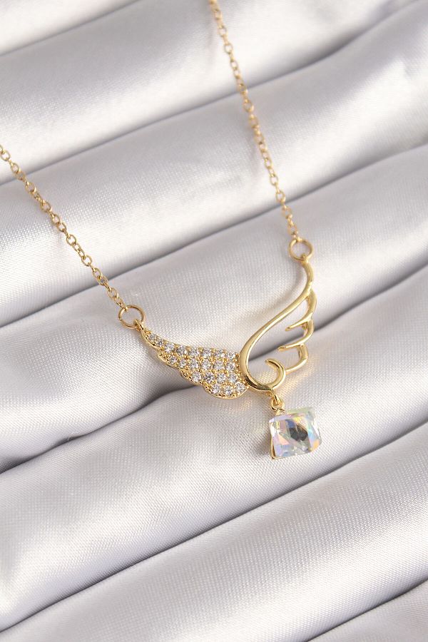 Clariss-Gold Colored 316L Steel Chain and Zircon Stone Wing Model Women's Necklace 1
