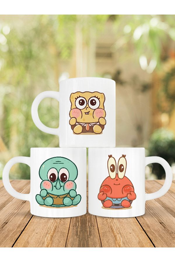 SEELENGLANZ-Triple Spongebob - Patrick - Squidward Cartoon Printed Mug 1