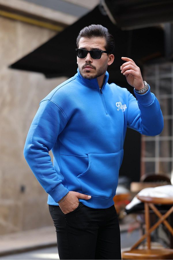 Valiberta-Blue Cozy Kangaroo Embroidered Raised Half Zipper Sweatshirt 1