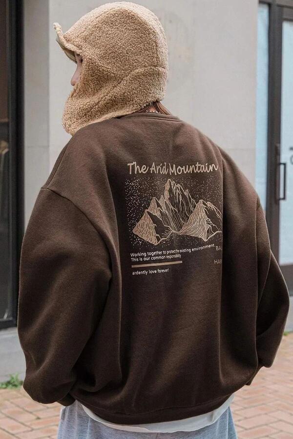 Millionaire-Γυναικείο φούτερ σε καφέ Arid Mountain Printed 0 Crew Neck Oversize Loose Loose Cut Fleece φούτερ 1