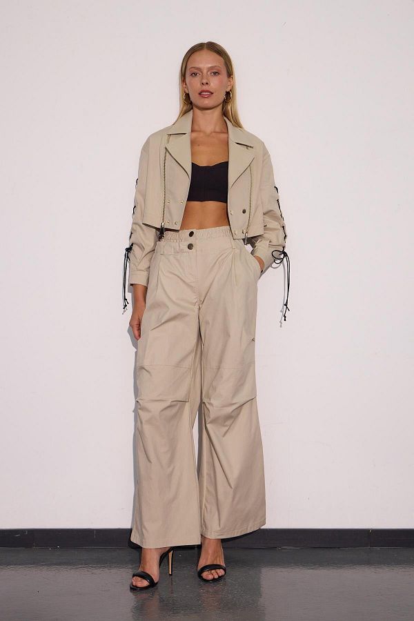 NOK İSTANBUL-Urban Luxe Stone Colored Loose Trousers with Waist Detail 1