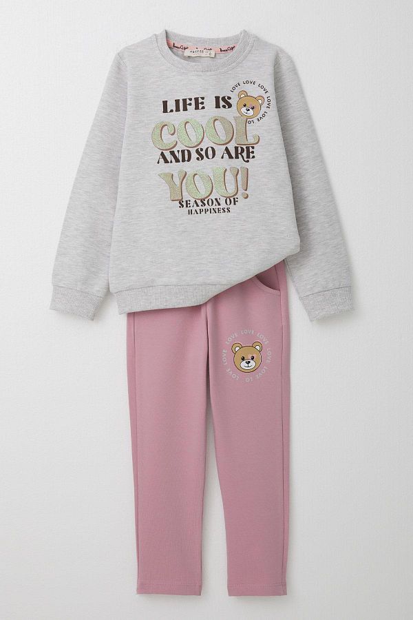 Breeze 1.5 5 Years Old Girl s Tracksuit Set Glitter Text Printed Cute Teddy Bear Light Gray Melange Trendyol