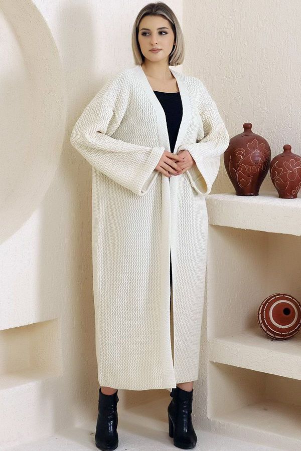 LOS FECHKA V Neck Folded Wide Long Sleeve Self Textured Thick Full Ankle Length Winter Comfortable Knitwear Cardigan Trendyol