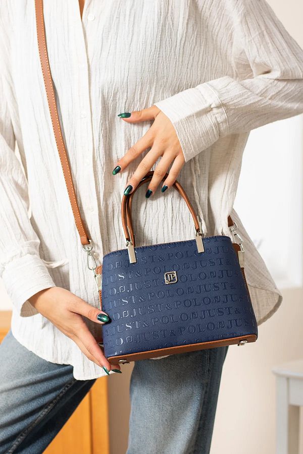 Navy and tan handbag top