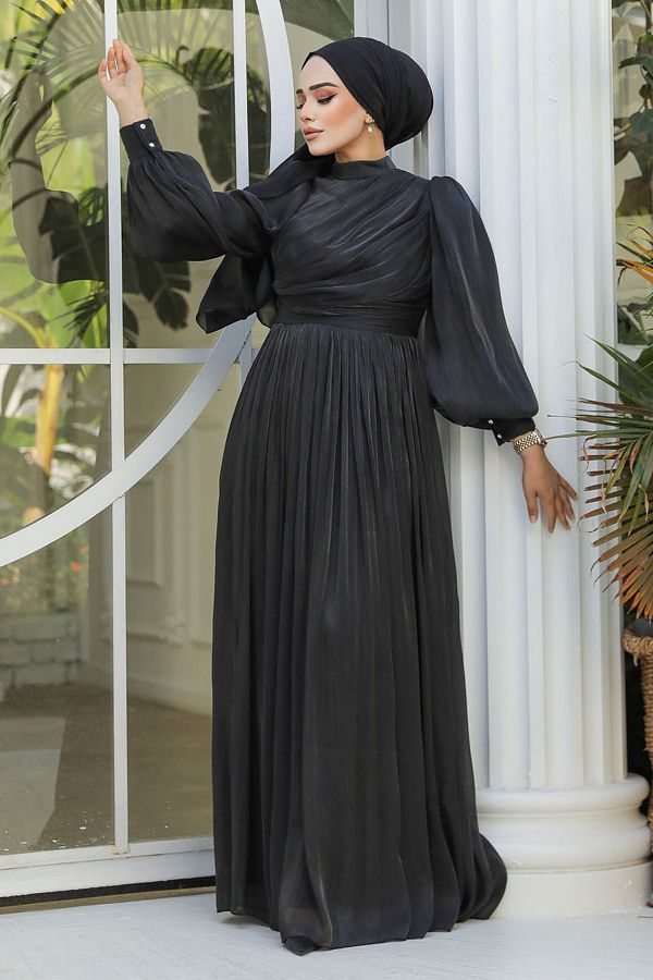 Neva Style-Rochie de seară hijab neagră cu detaliu drapat 44081s 1