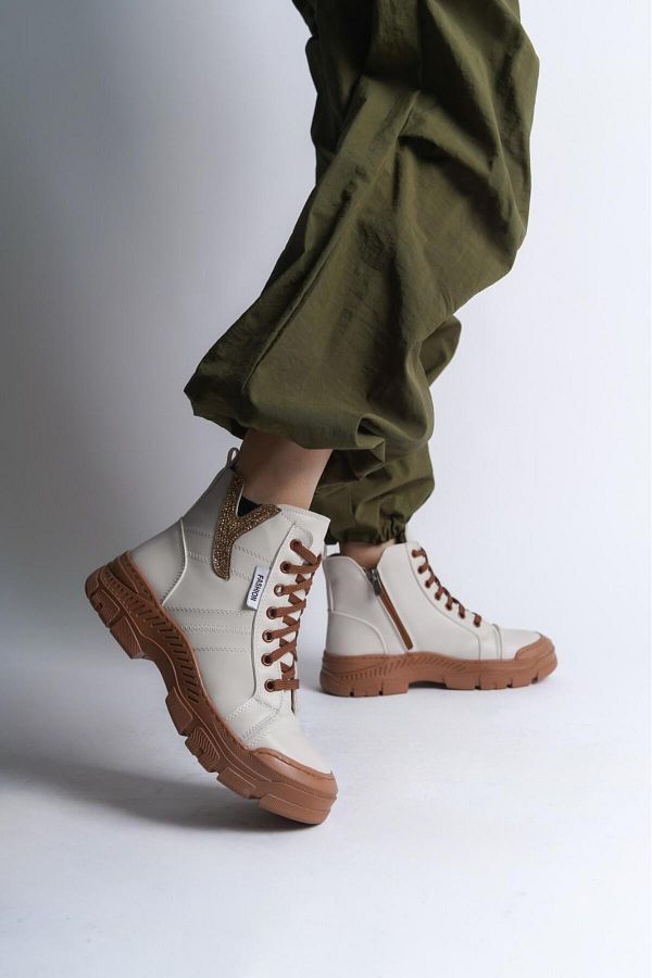 Weynes Women s Cream Brown Y Patterned Daily Orthopedic Stylish Boots Wsb1098 Trendyol