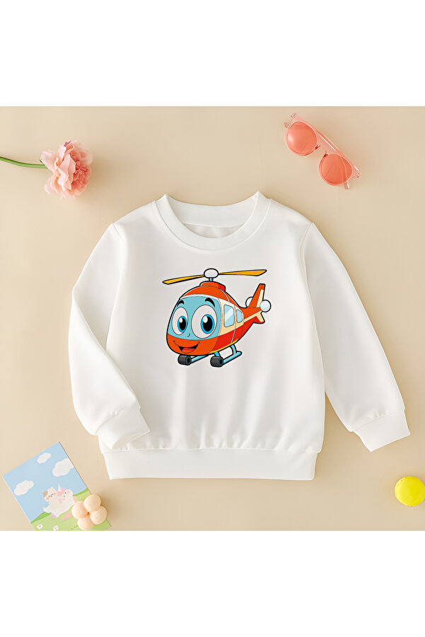 CDA Sevimli Helikopter Unisex Kız Erkek Bebek Beyaz Sweatshirt