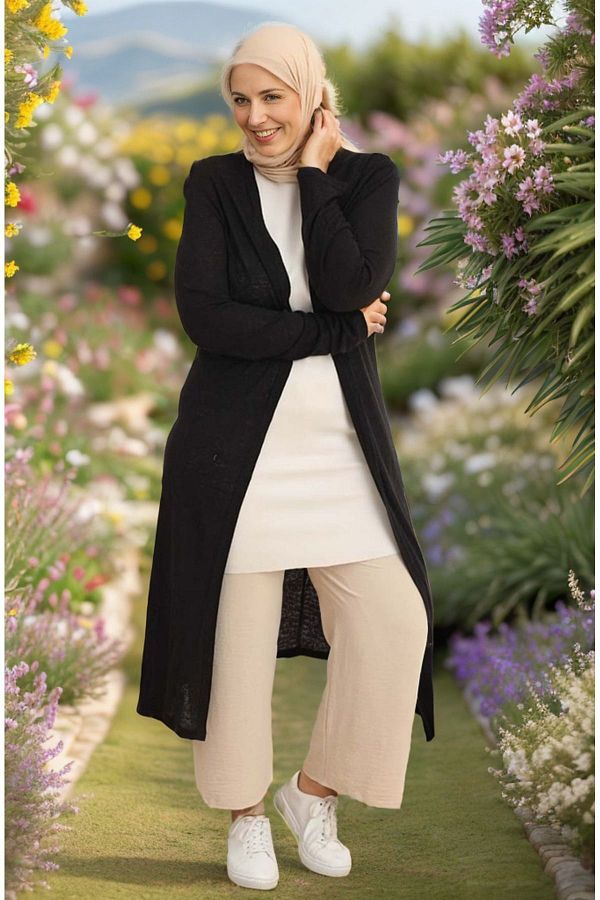 RESP RO Black Long Seasonal Shawl Cardigan Plus Size Thin Solid Cut Mother Cardigan Trendyol