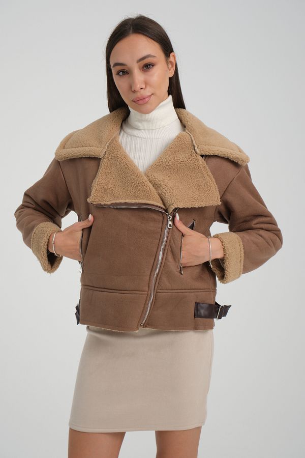 jons since 1997 Women s Faux Suede Biker Jacket with Fur Inside and Collar Trendyol