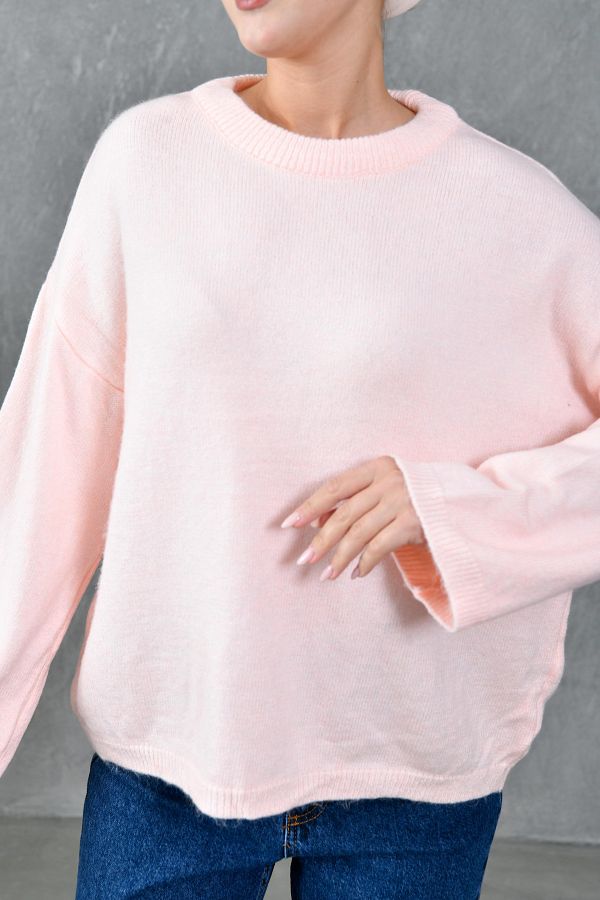 bayansepeti Wide Sleeve Off Shoulder Crew Neck Long Sleeve Powder Oversize Knitwear Hijab Sweater Trendyol