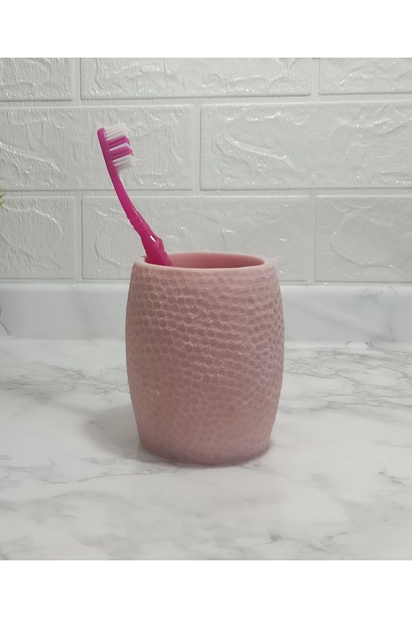 Bosphorus-TOOTH BRUSHER, HOLIDAY PINK Honeycomb Patterned POLYRESSIN 8X8X10CM 400ML BATH SET 1