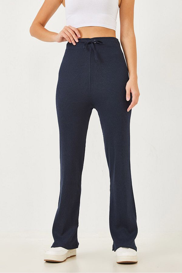 Bianco Lucci-Gerippte Damenhose mit weitem Bein und Bindegürtel 60251888 1