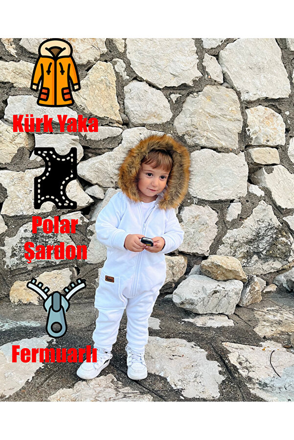 Ares Kids Fashion Kürk Yaka Kapşonlu Içi Polarlı Tulum