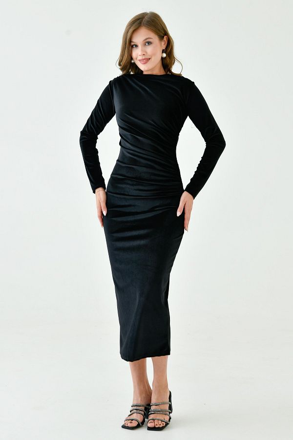 lovebox-Abendkleid in Schwarz mit weitem Kragen, Bleistiftschnitt, Midi-Länge, langen Ärmeln, flexiblem Samtstoff, 3660 1