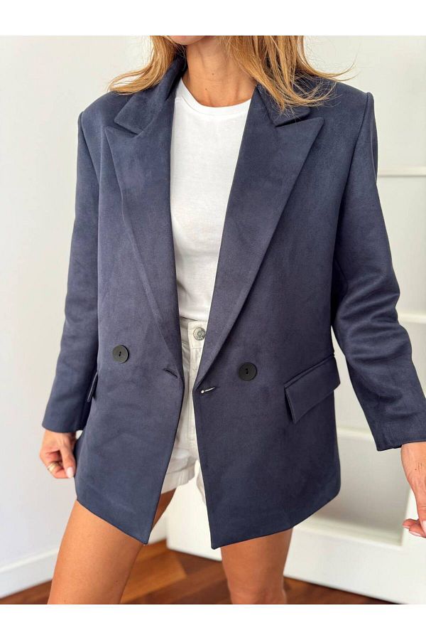 MALD A SHOP Women s Suede Fabric Lined Navy Blue Blazer Jacket Trendyol