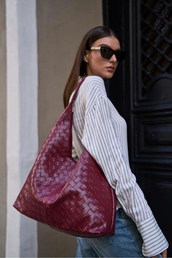 Madamra-Burgunderrote Damen-Umhängetasche aus gestricktem, gemustertem Bottega-Leder 1