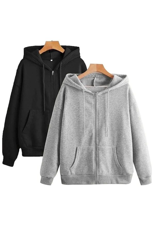 uyguntarz-2-teilige saisonale Strickjacke/Sweatshirt mit Reißverschluss in Schwarz und Grau 1