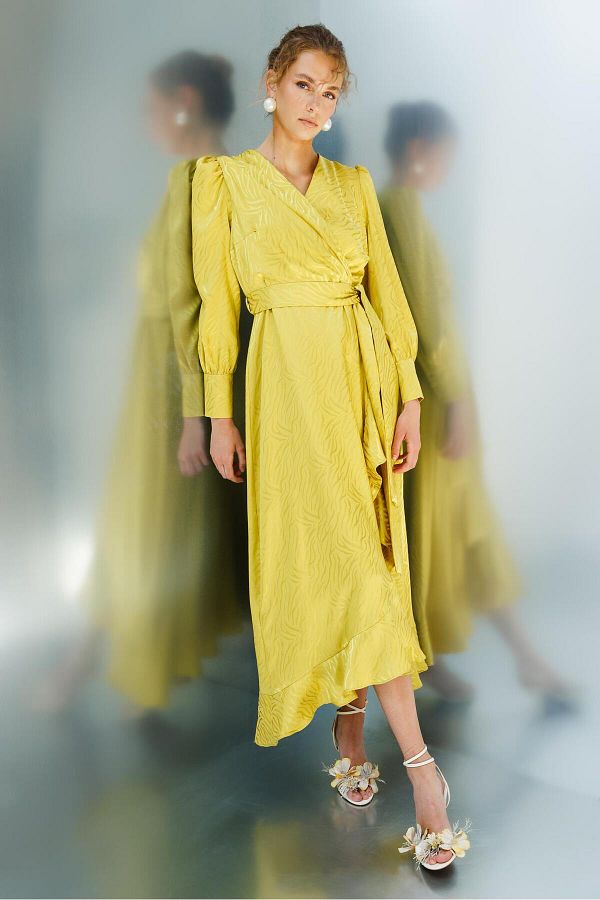 Moda İlgi-فستان جاكار مودايلجي مزدوج الصدر - حمضي 1