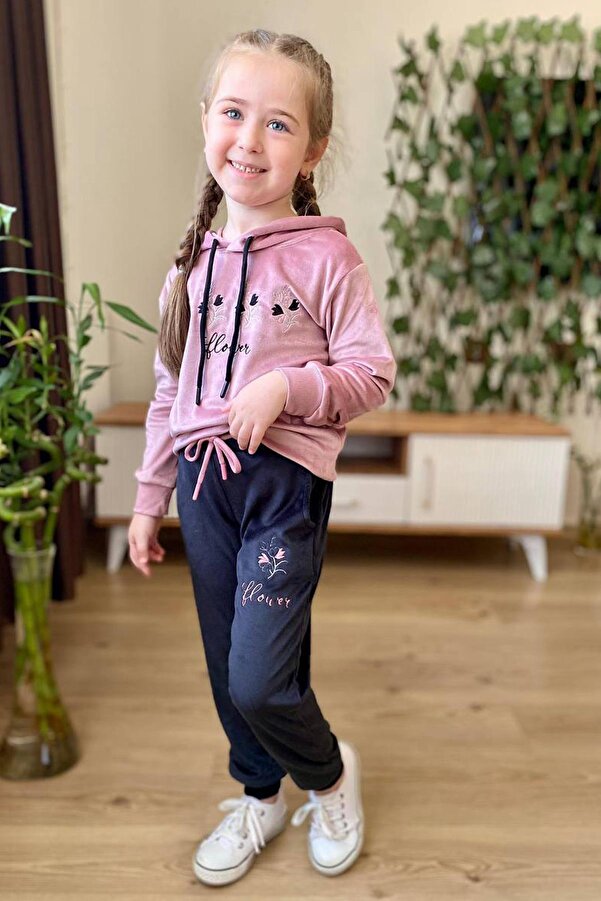 Riccotarz Girl's Bouquet Floral Patterned Velvet Sweatshirt and