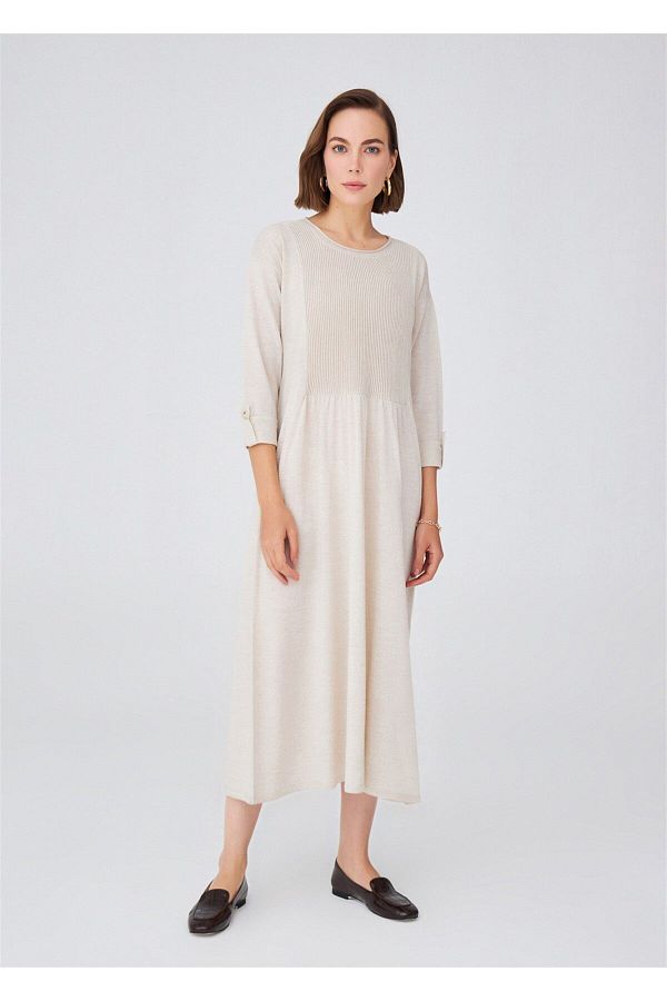 Peraluna-Robe Detailed Loose Cut Merino Wool Blend Long Women's Knitwear Dress - Ecru Melange 1