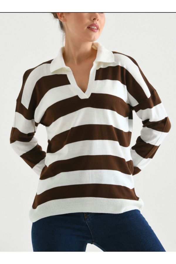 Podyumplus-Polo Neck Striped Knitwear Sweater 1