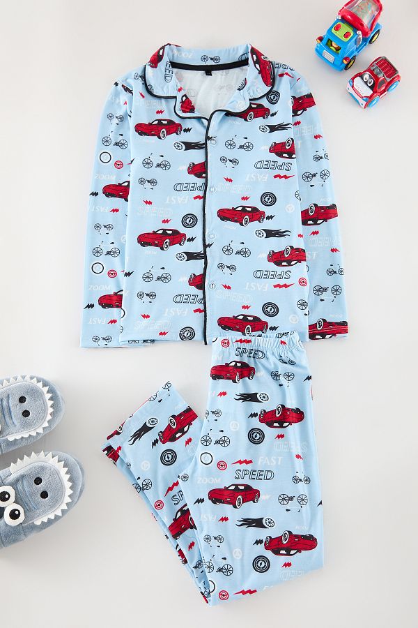 TRENDYOLKIDS-Set de pijamale cu imprimeu pentru băiat albastru, tricotat, de jos în sus, TKDAW25AU00110 1