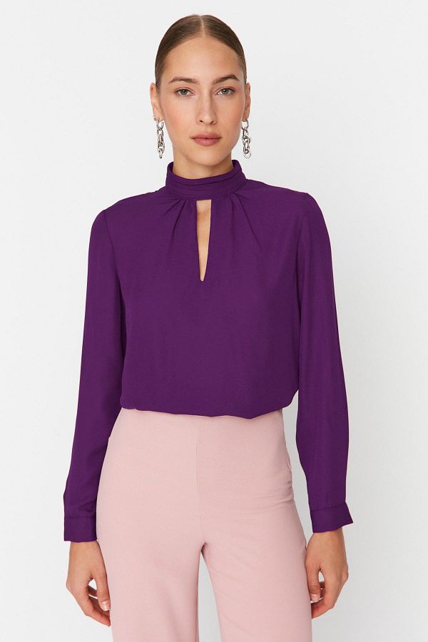 Trendyol Collection-Bluză țesută cu guler înalt prune TWOAW20BZ0462 1
