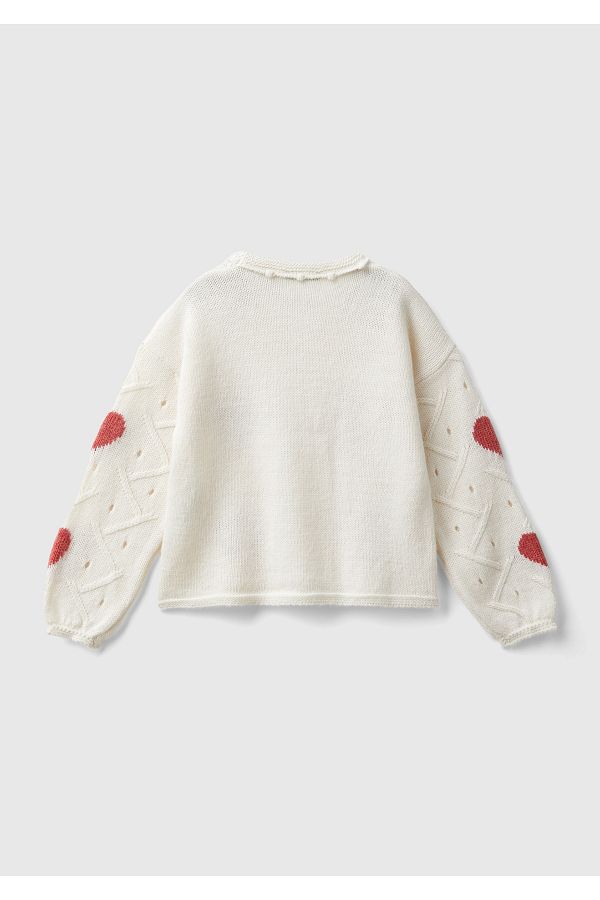 United Colors of Benetton Girl s Ecru Heart Patterned Gathered Cuff Detail Crew Neck Sweater Trendyol