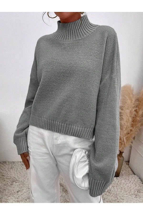 Miss Poem Women s Turtleneck Turtleneck Oversize Long Gray Knitwear Sweater Trendyol