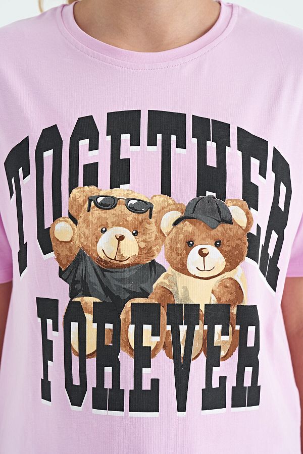 Tommy Life Pink Teddy Bear Printed O Neck Oversize Short Sleeve Girls T Shirt 75116 Trendyol