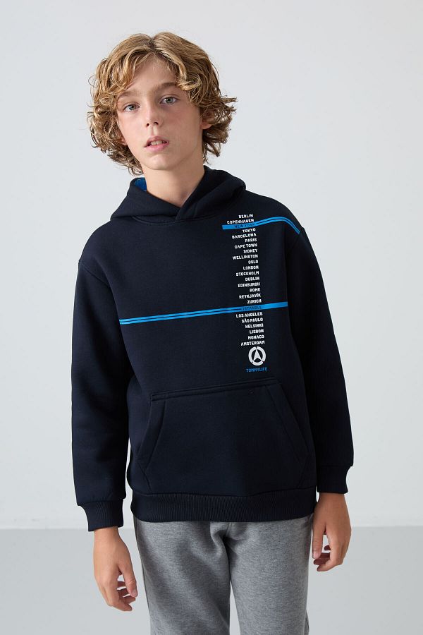 Tommy Life Boy s Sweatshirt Navy Blue Cotton Thick Fur Inside Soft Texture Printed 11239 Trendyol