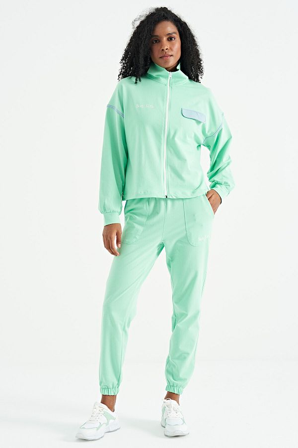 Veryperi Aqua Green High Collar Zippered Neon Detailed Oversize Women s Tracksuit 02256 Trendyol