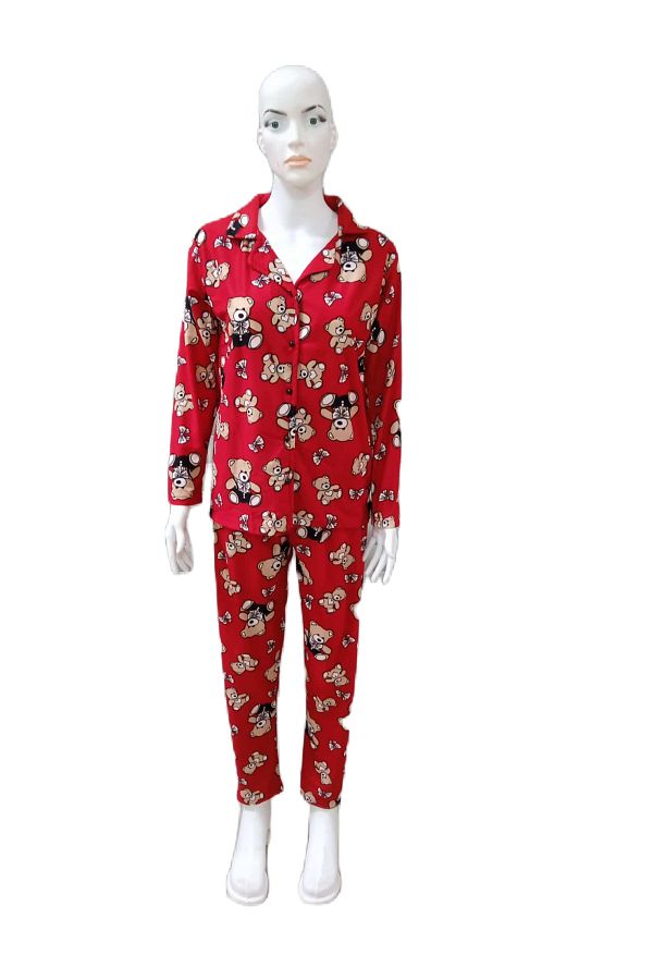 GOOD NİGHT-Women's Winter Teddy Bear Patterned Suede Fabric Buttoned Long Sleeve Pajama Set 1