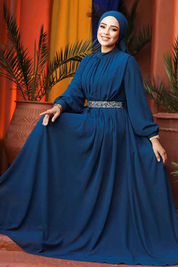 Neva Style Pleated Petrol Green Hijab Evening Dress 25888Py- Trendyol