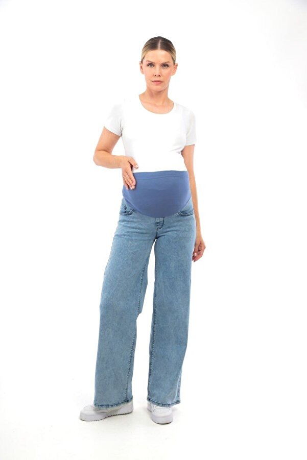 BIG LESSON Hamile Esnek Karın Bantlı Beli Ayarlanabilir Geniş Paça Kot Pantolon Mavi